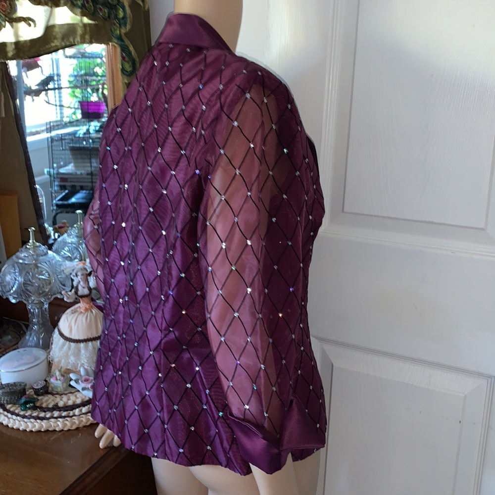 Vintage 80s sparkling sheer organza purple satin wrap blazer jacket M L - Picture 10 of 16